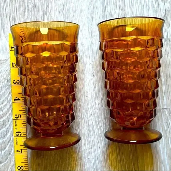 Vintage Fostoria 2 Piece 3-D cube pattern amber Gold iced tea glasses Goblet USA - Picture 3 of 5